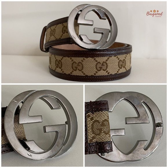 Authentic GUCCI Brown Monogram Canvas Silver Interlocking G Buckle Belt 75/30 - Picture 2 of 13